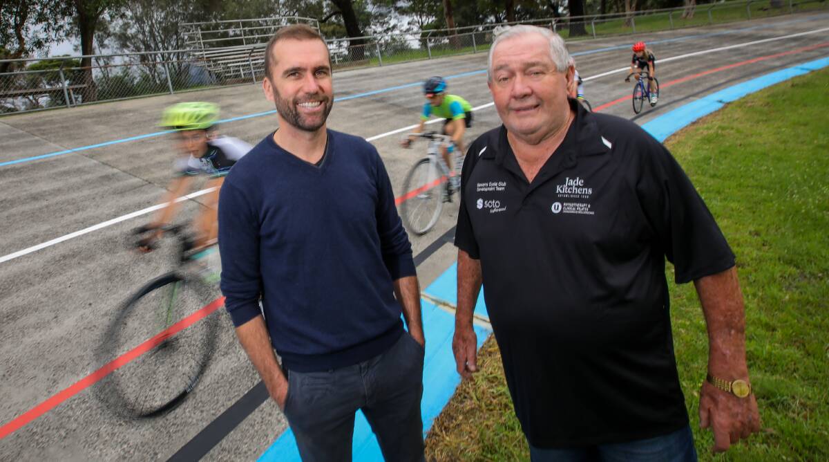 Wheel deal: Australian cycling great Bradley McGee with Illawarra Cycling Club coach Terry Doherty. Picture: Wesley Lonergan