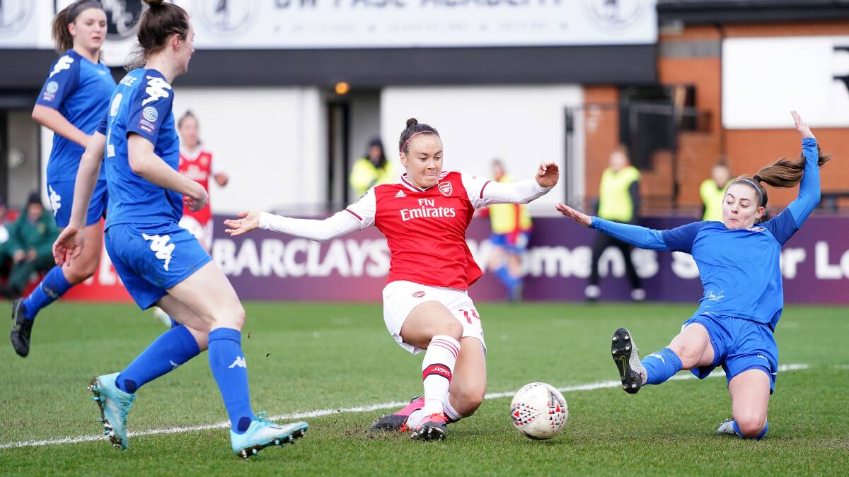 On target: Caitlin Foord scores on debut for Arsenal. Picture: Tess Derry/EMPICS/PA Images via Getty Images