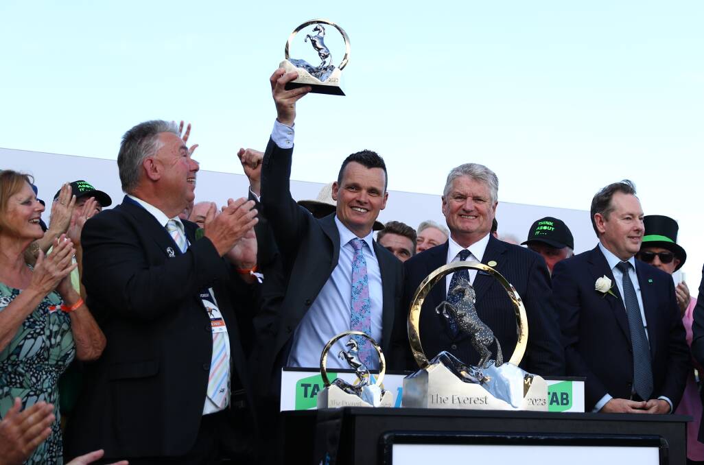 Trainer Joe Pride celebrates Think About It winning The Everest at Royal Randwick this year. Picture by Jeremy Ng/Getty Images