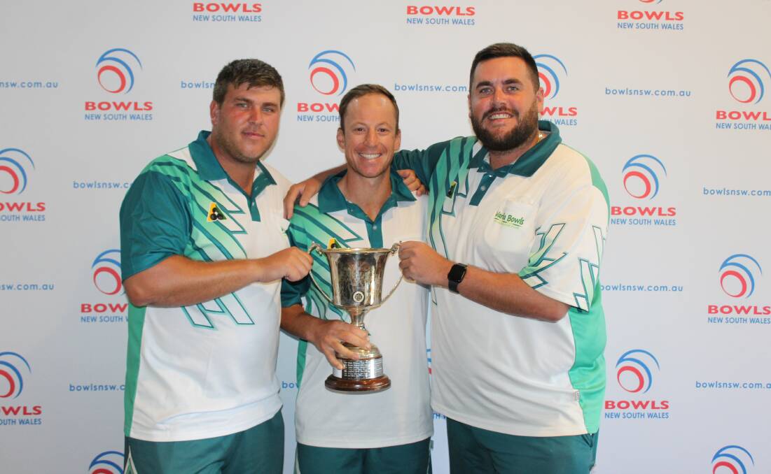 Champs: Warilla's Corey Wedlock, Brendan Aquilina and Gary Kelly will have to wait to defend theirTriples title. Picture: Andrew Lynn, Bowls NSW