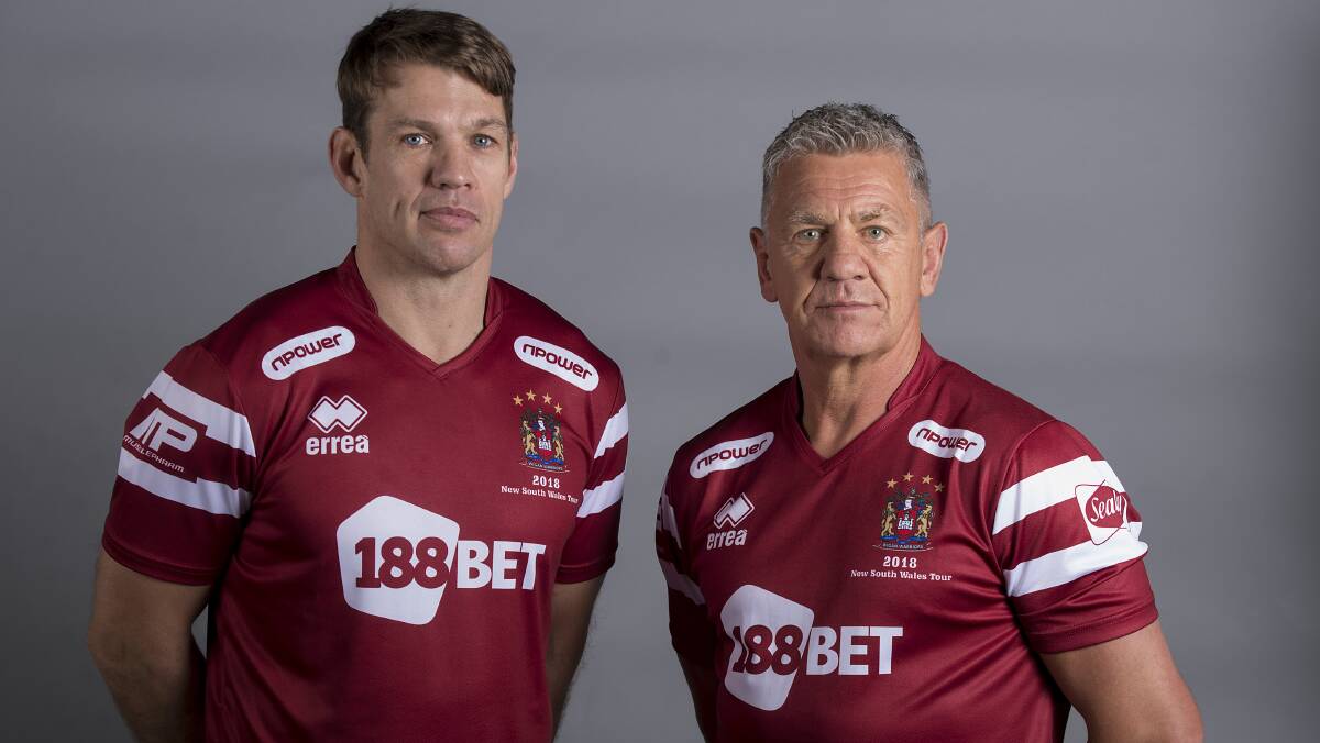 Cherry ripe: Wigan greats Gary Connolly and Steve Hampson model the new  Steelers-inspired Wigan shirt. 