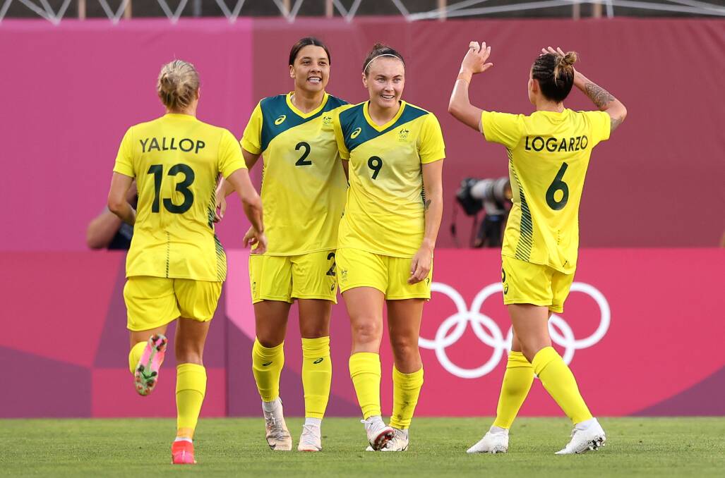 Support: Caitlin Foord (No.9) with teammates during the Tokyo Olympics campaign. Picture: Elsa/Getty Images
