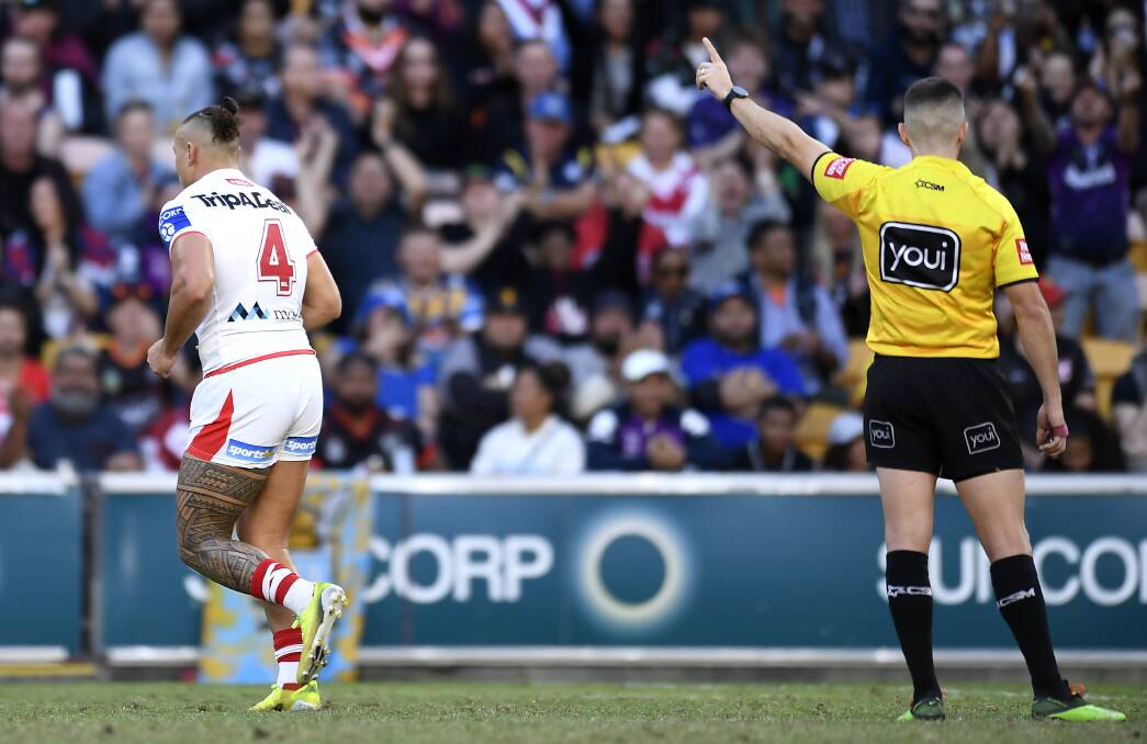 Gone: Dragons' Tyrell Fuimaono is sent off against Melbourne during NRL Magic Round in Brisbane. Picture: Albert Perez/Getty Images
