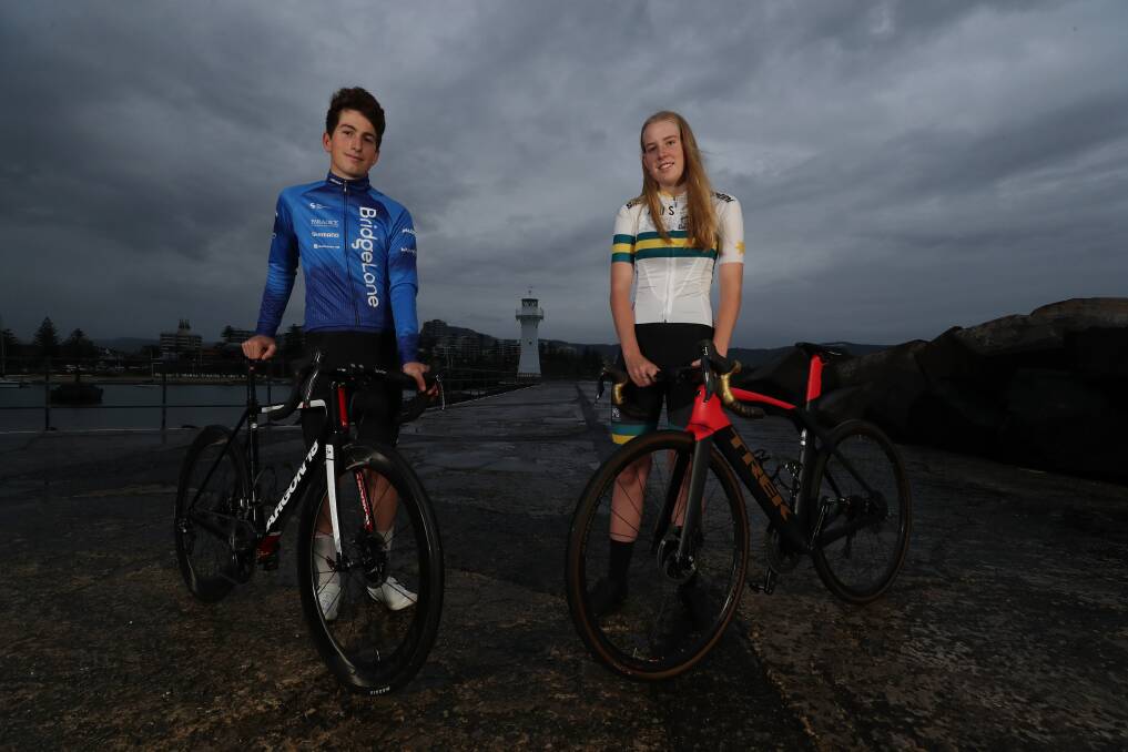 Light the way: Top Australian cycling talent Dylan George, 17, from Manly and Haylee Fuller, 17, from Dubbo. Picture: Robert Peet