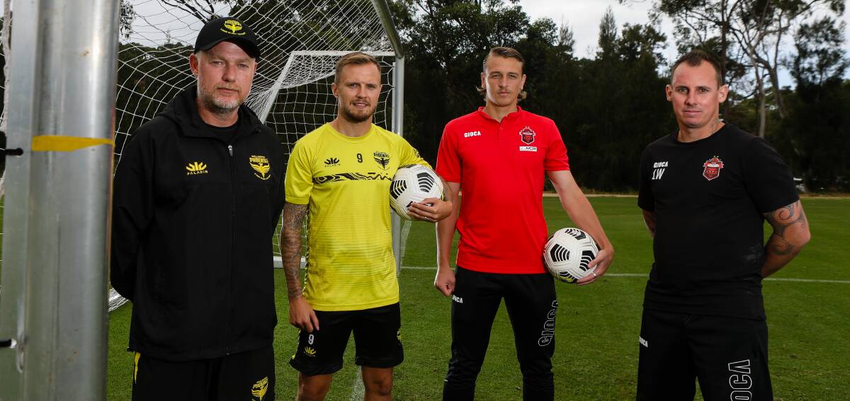 Double delight: Wellington Phoenix coach Ufuk Talay and striker David Ball with Wolves' Lachlan Scott and Luke Wilkshire. Picture: Adam McLean