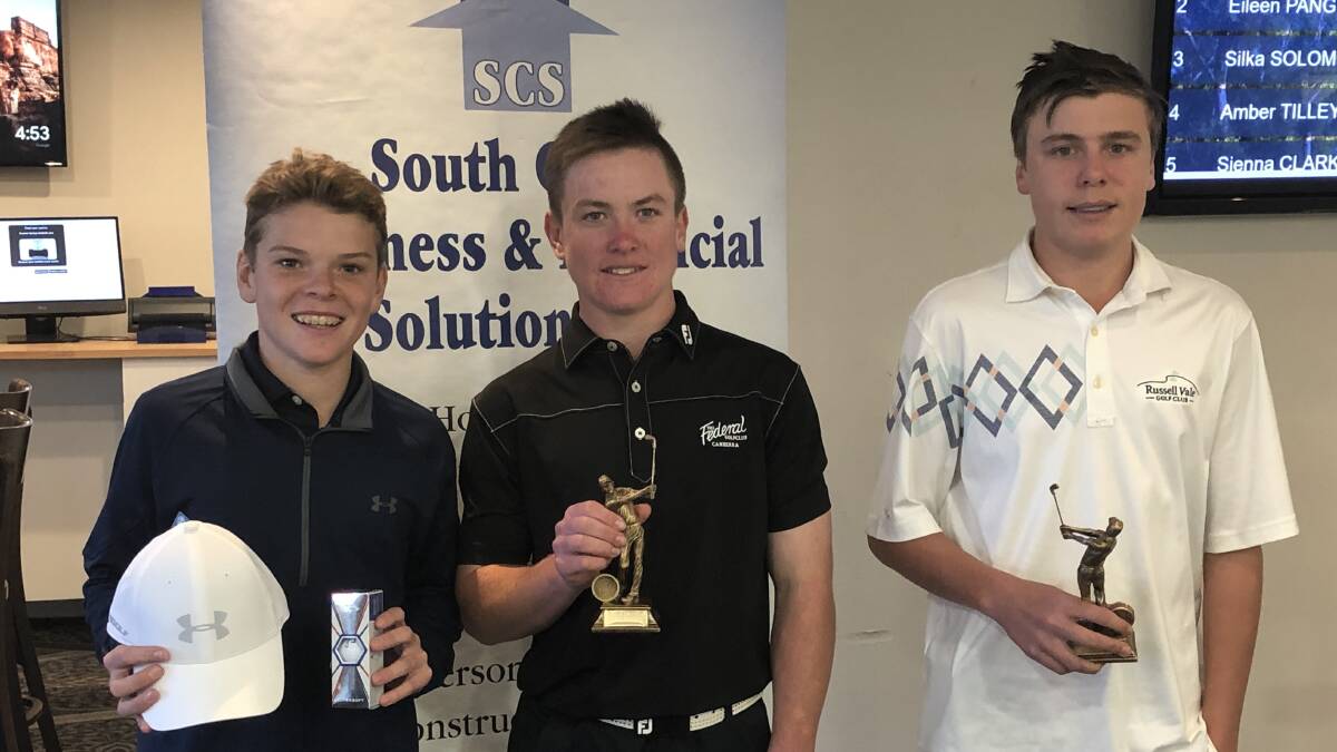 Top trio: Sonny Ettridge (Kiama GC) runner-up in the boys stableford, Ethan Harvey (Kiama GC), the Mollymook Junior Open winner and Thomas Eagleton (Russell Vale GC) boys nett winner.