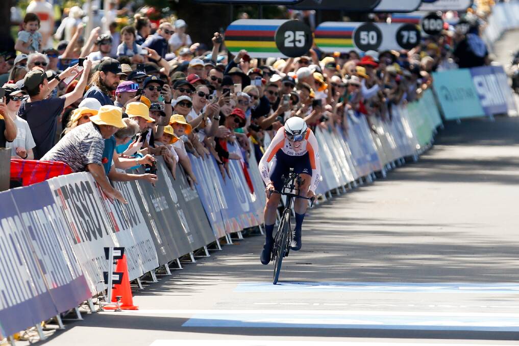 Ellen Van Dijk from the Netherlands crosses the finish line to win the women's time trial event at the UCI Road World Championships. Picture by Anna Warr