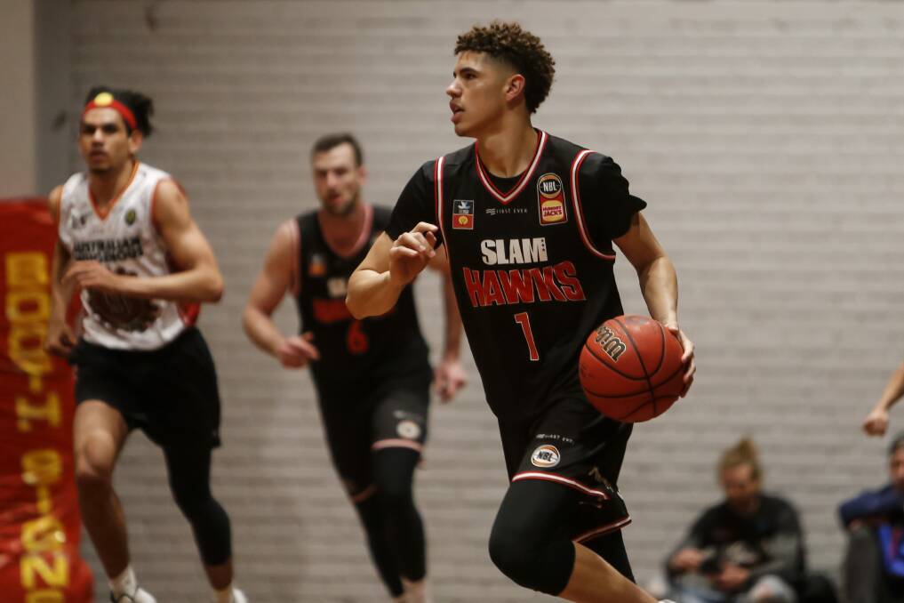 FOCUSED: LaMelo Ball in action for the Illawarra Hawks. Picture: Anna Warr