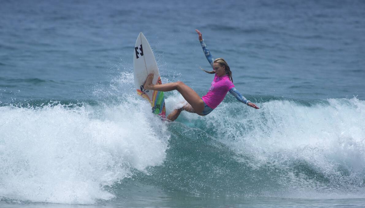 RISE: Australian Macy Callaghan on her way to World Surf League junior championships success at Bombo Beach. Picture: Kelly Cestari/WSL