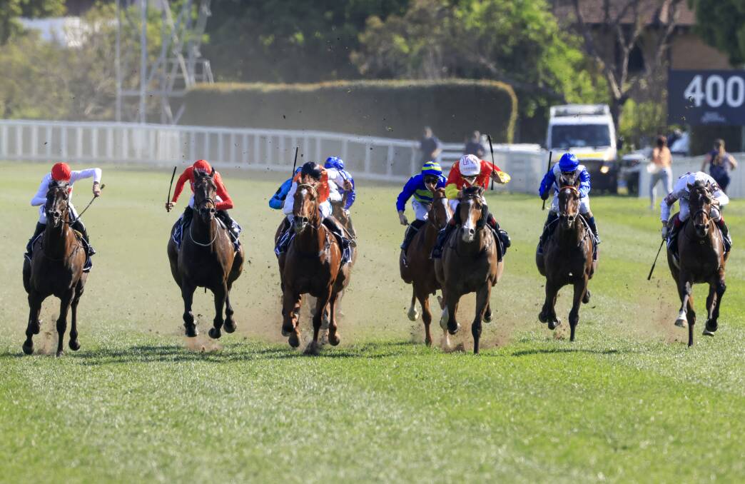 Charge: Count De Rupee (right) runs third in the Silver Eagle behind Aim (red, yellow, white cap) and Ellsberg (orange, black cap). Picture: Mark Evans, Getty Images