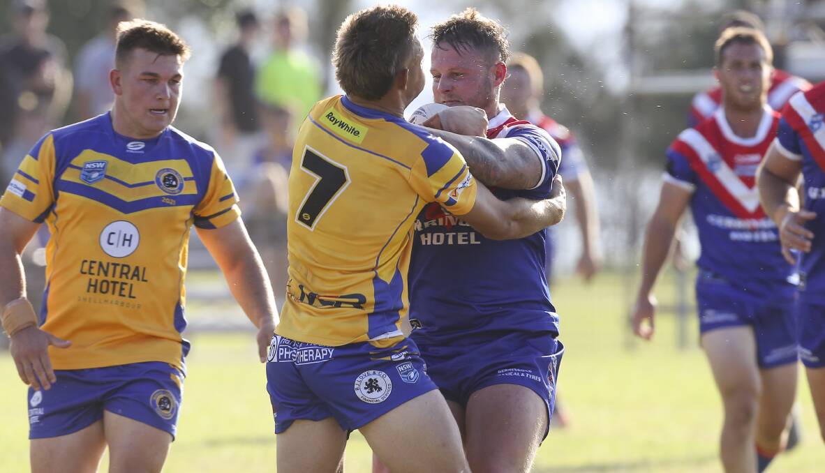 Clash: Warilla halfback Cameron Vazzoler confronts Gerringong' Kal Collins in Sunday's Group Seven clash. Picture: Anna Warr