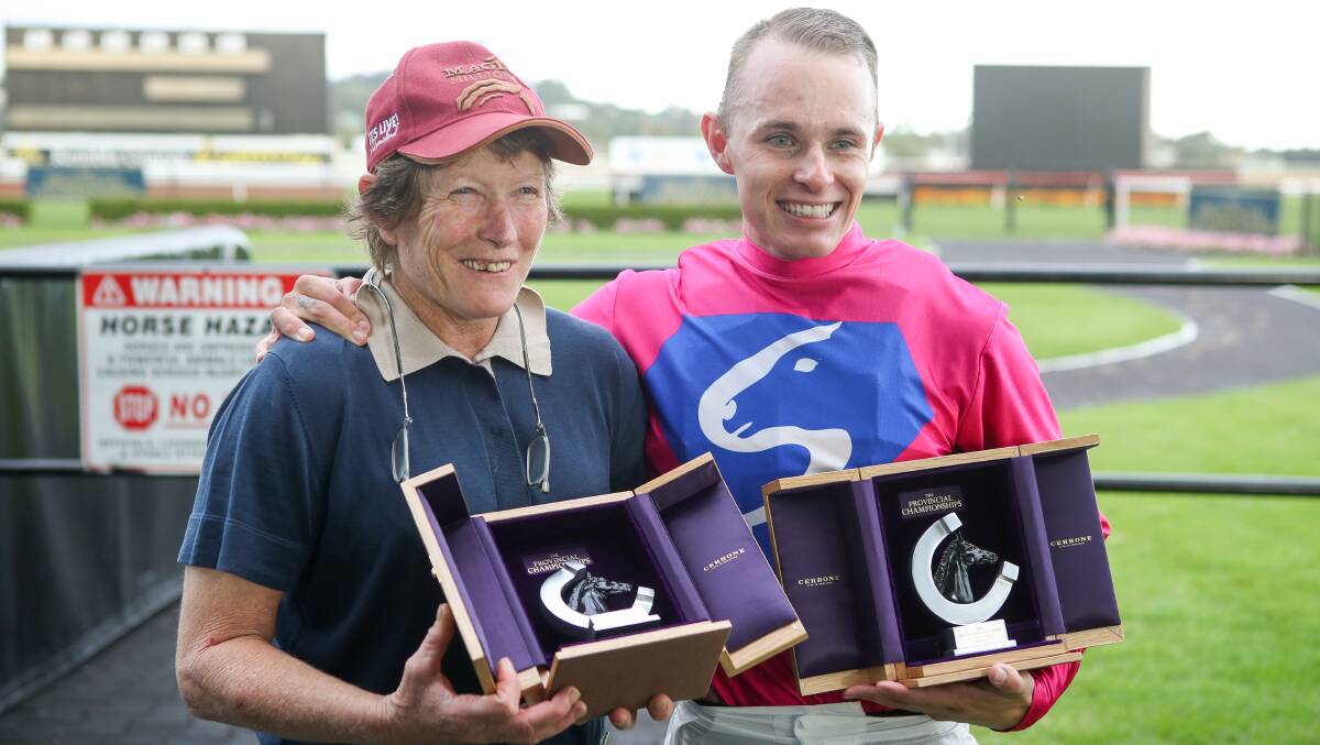 Gwenda Markwell with jockey Travis Wolfgram after winning the 2020 Provincial Championships qualifier with Electric Girl at Kembla Grange. Picture by Adam McLean