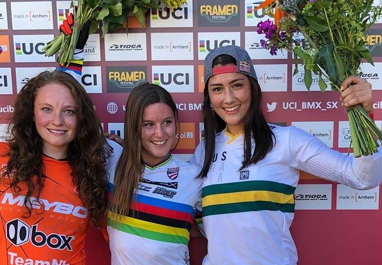 Top three: Helensburgh's Saya Sakakibara (right) celebrates after finishing third at the BMX Supercross World Cup Series in the Netherlands. Picture: BMXHP Instagram
