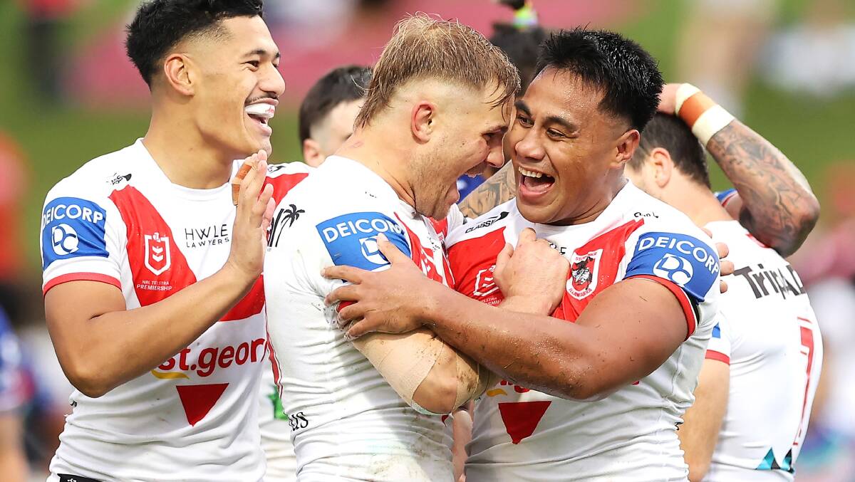 Try time: Jack De Belin congratulates Michael Molo after scoring his first NRL try. Picture: Mark Kolbe/Getty Images