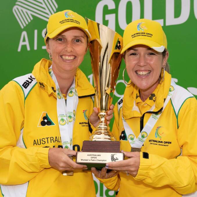Stars: Australian Open MVP Kelsey Cottrell with Lynsey Clarke celebrate winning the Womens Pairs on the Gold Coast. Picture: Bowls Australia