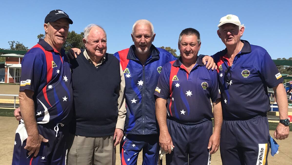 Spirit: John Ritchie, Noel Pitman, Barry Martin, Warren Hamilton and Bernie Harding at Woononas 125th year bowls day. Picture: Mike Driscoll