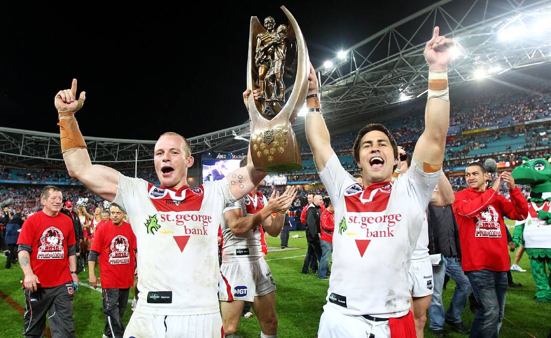 Ultimate success: Dragons duo Beau Scott and Jamie Soward with the premiership trophy in 2010. Picture: Mark Nolan/Getty Images