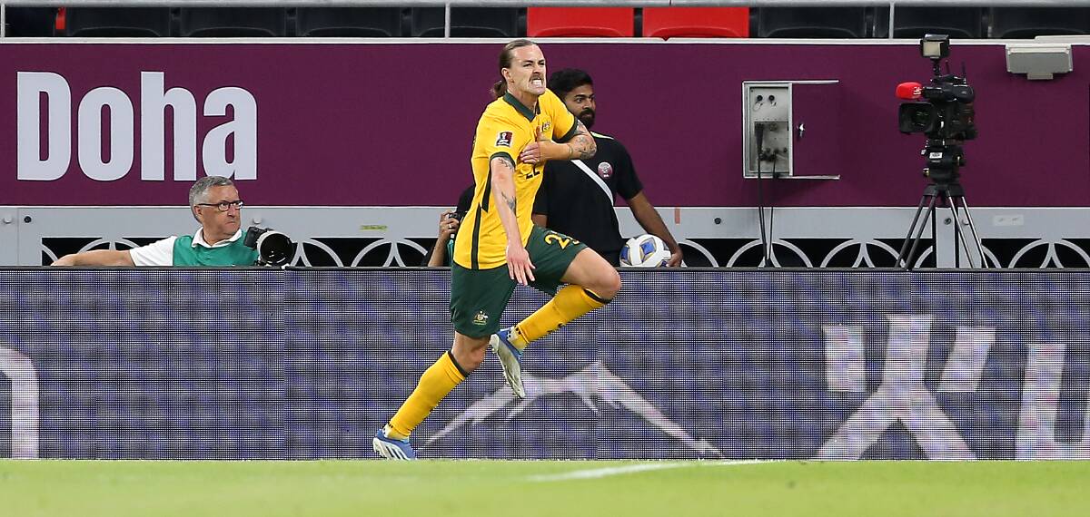 Charge: Jackson Irvine against UAE. Picture: Mohamed Farag/Getty Images
