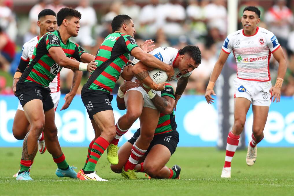Charge: Jaydn Su'A takes the ball up for the Dragons against South Sydney in the Charity Shield. Picture: Mark Metcalfe/Getty Images
