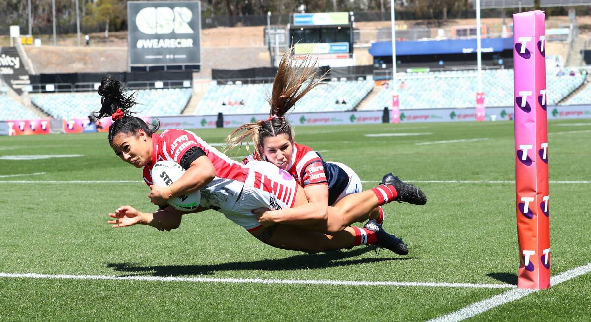 Over: Tiana Penitani scored St George Illawarra's only try against the Roosters. Pictures: Keegan Carroll/NRL Imagery
