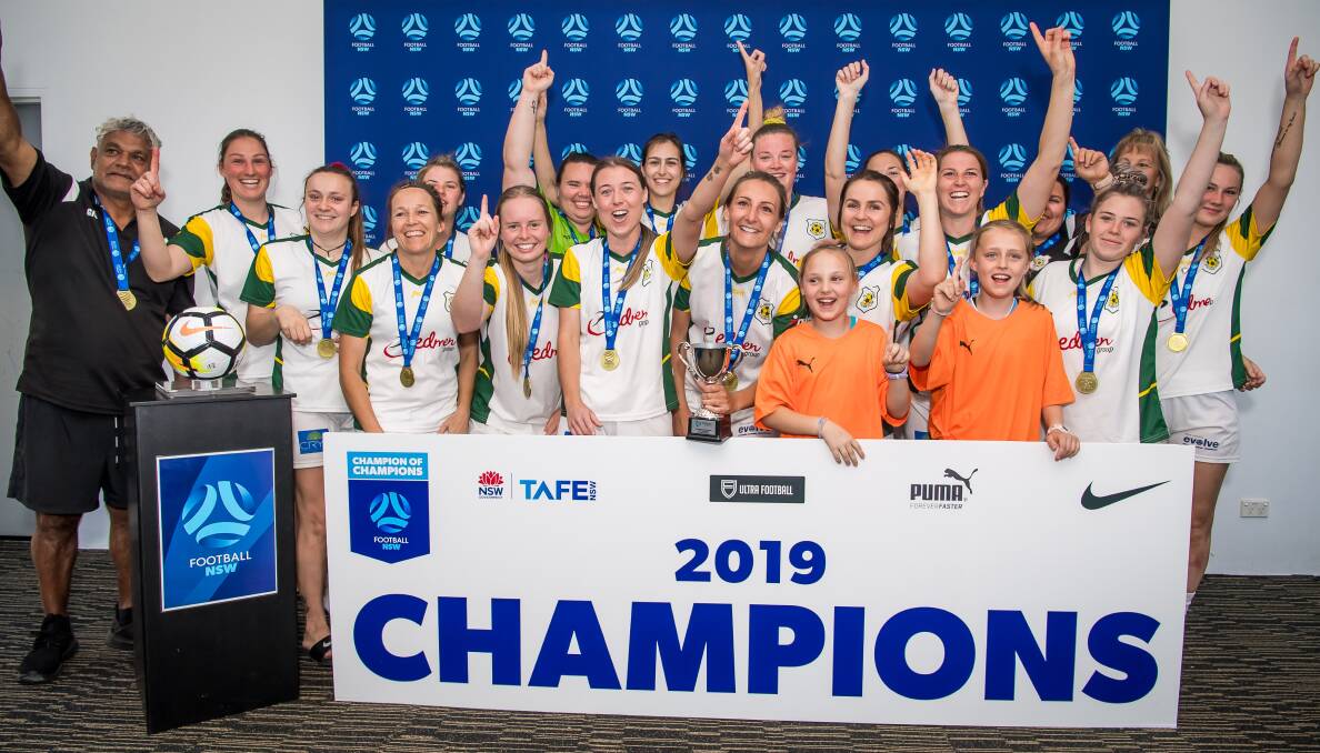 Success: Albion Park celebrate winning the Football NSW champion of champions open women's title on Sunday. Picture: Football NSW