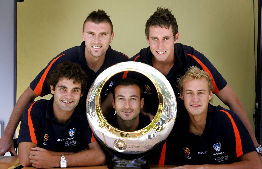 Glory days: Jacob Timpano (bottom left) and Ruben Zadkovich (bottom right) with Alvin Ceccoli, Justin Pasfield and Sasho Petrovski after winning the A-League title in 2006. Picture: Sylvia Liber 