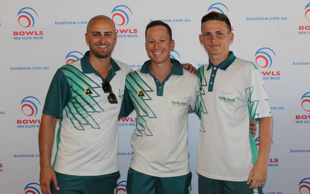 Top effort: Warilla’s Jesse Noronha, Brendan Aquilina and Toby Peters reached the state triples finals. Picture: Andrew Lynn, Bowls NSW