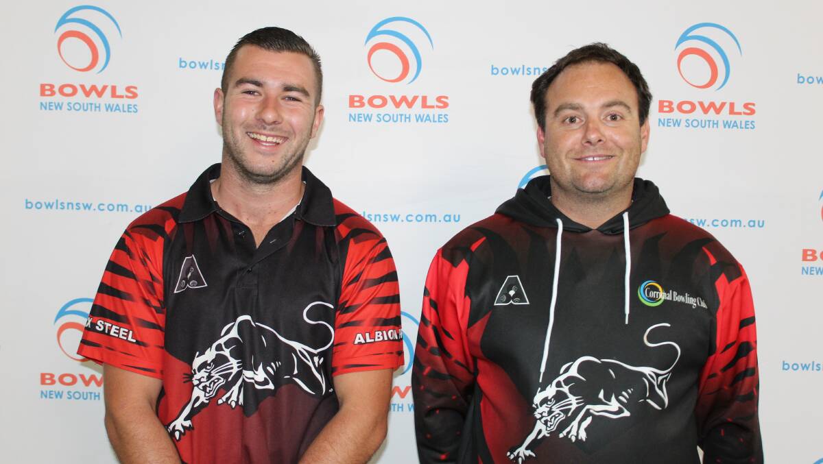 Reason to smile: Aydan Murphy and Tim Cavanough made it to the NSW rookies pairs final. Picture: Andrew Lynn, Bowls NSW