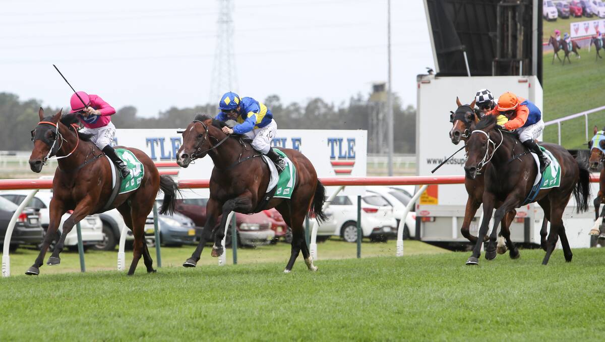 Out in front: Archedemus (left), with Jay Ford on board, wins the 2020 The Gong at Kembla Grange ahead of Dawn Passage and Think It Over. Picture: Adam McLean