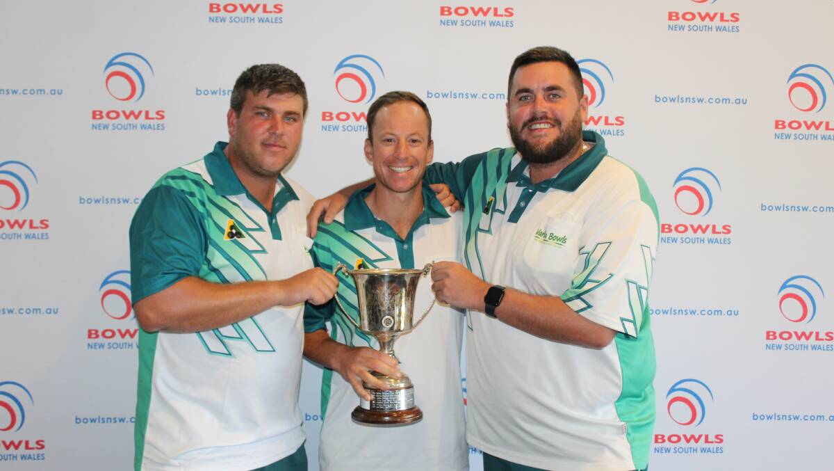Title: Corey Wedlock, Brendan Aquilina and Gary Kelly. Picture: Bowls NSW