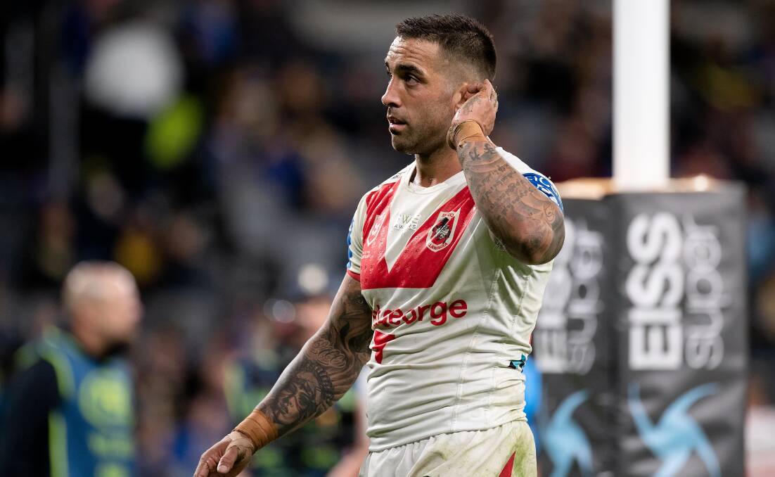 Hear the call: Dragons' Paul Vaughan responds to the crowd during the win over Parramatta. Picture: Speed Media/Icon Sportswire via Getty Images