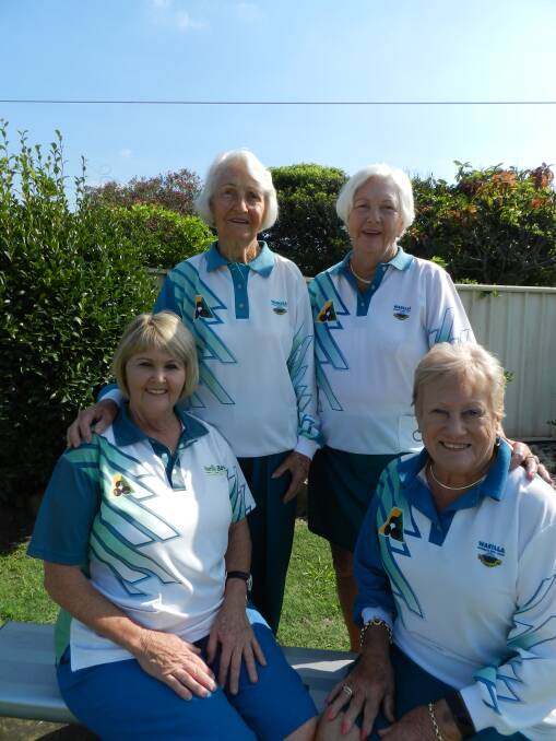 Top effort: Warillas Shirley Lindsay and Leone Barnett (standing) with Vicky Turner and Maureen Murphy (seated) won the 2020 District Open Fours title. Picture: Rita McBlain