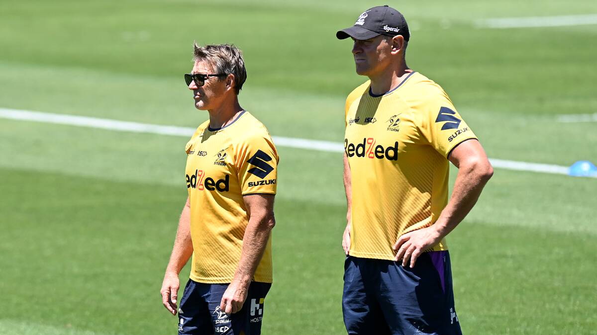 Dynamic duo: Melbourne Storm coach Craig Bellamy with Jason Ryles. Picture: Bradley Kanaris/Getty Images
