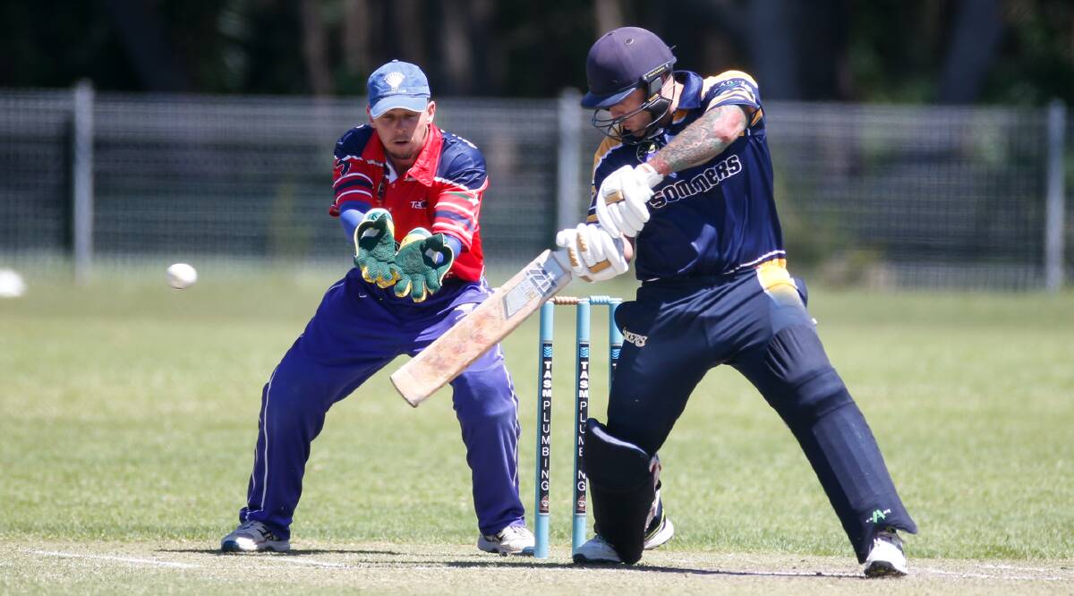 Slashing: Kerrod White cuts for Lake Illawarra in Sunday's Twenty20 final against Shellharbour. Picture: Anna Warr