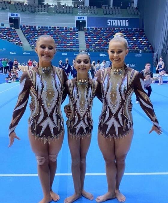 Big stage: Caitlin ONeil, Holly Raval and Maddison Lacey in Azerbaijan.