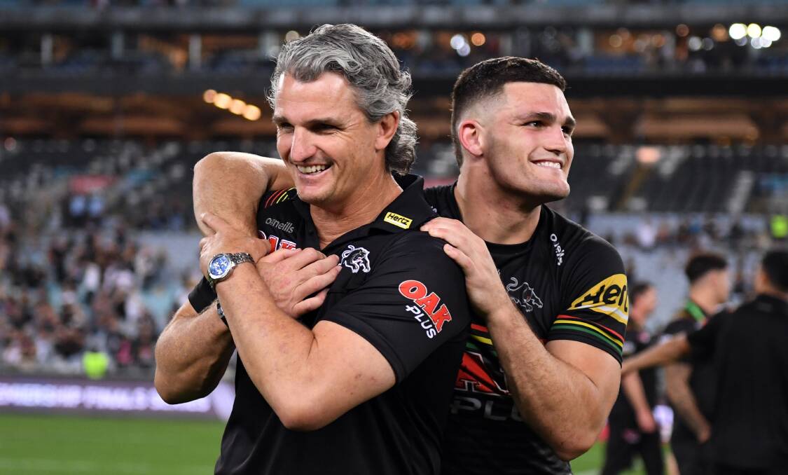 Family time: Ivan and Nathan Cleary after the Panthers qualified for the NRL grand final. Picture: Grant Trouville/NRL Imagery