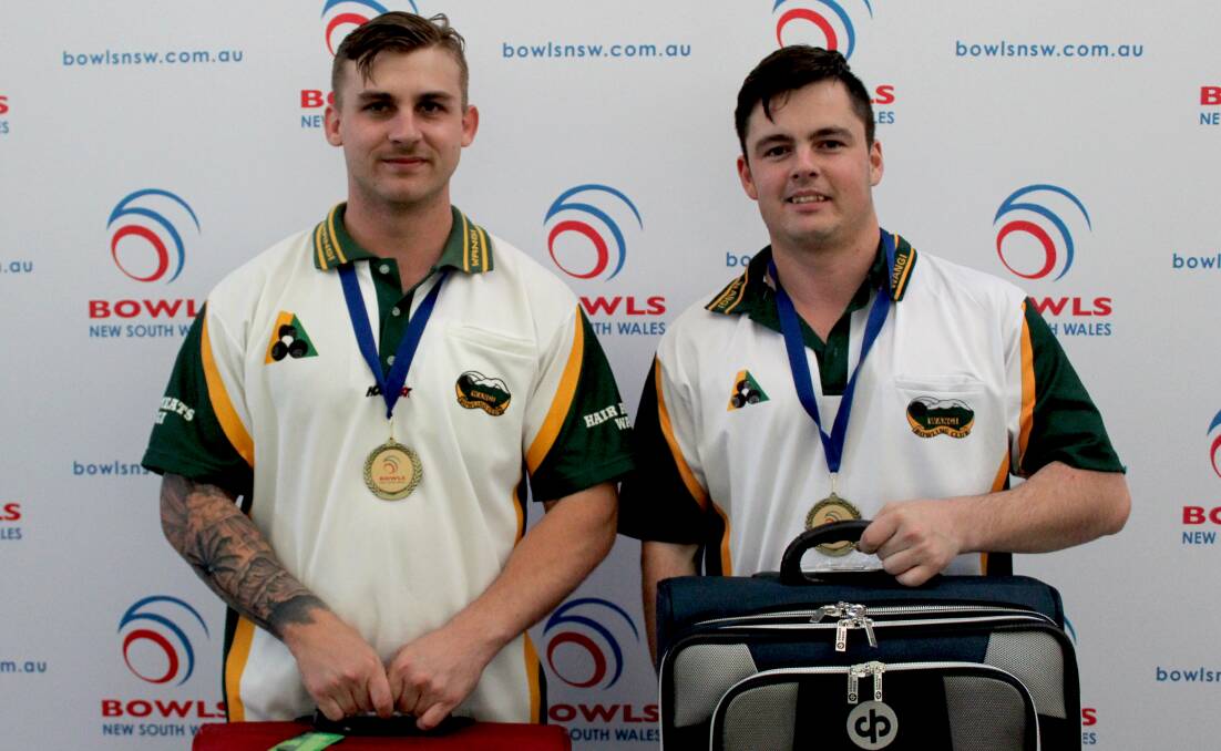 Champs: Wangi’s Jarred Fiddes and Brae Dare won the State Rookies Pairs at Raymond Terrace. Picture: Andrew Lynn, Bowls NSW.