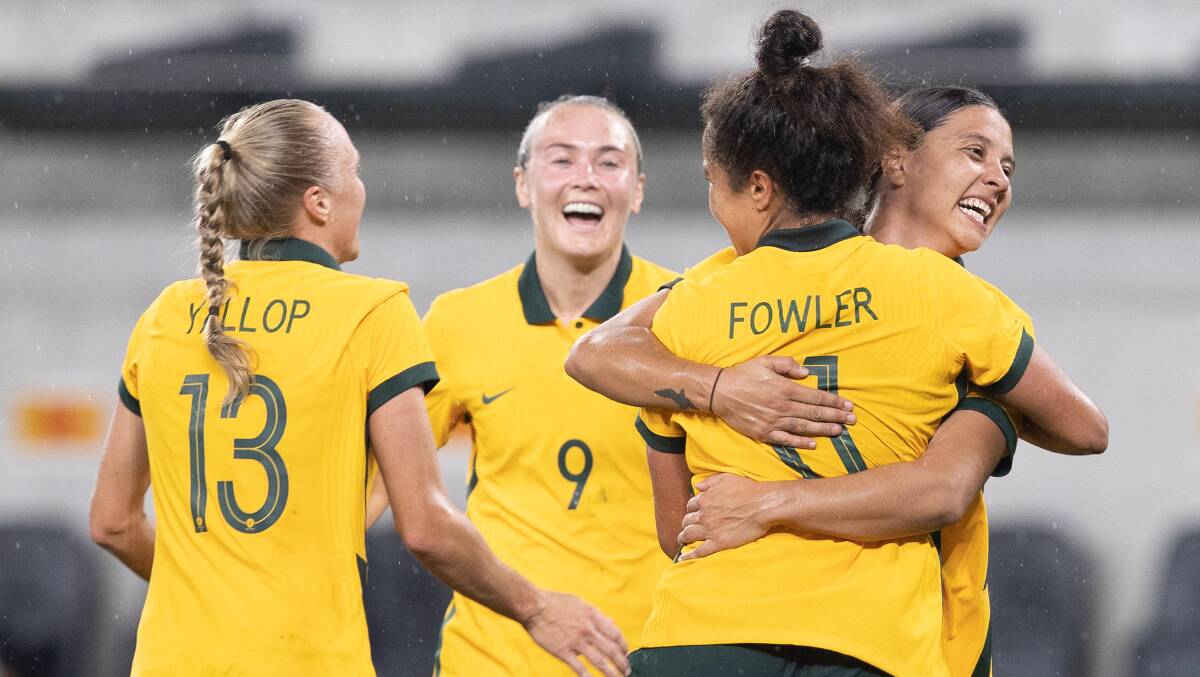 Big goals: Mary Fowler celebrates with Sam Kerr, Caitlin Foord and Tameka Yallop. Picture: Steve Christo, Corbis/Corbis via Getty Images