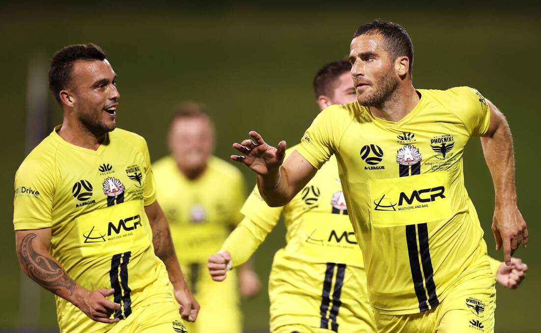 From the spot: Wellington's Tomer Hemed celebrates scoring the winning penalty against Adelaide on Sunday at WIN Stadium. Picture: Mark Kolbe/Getty Images
