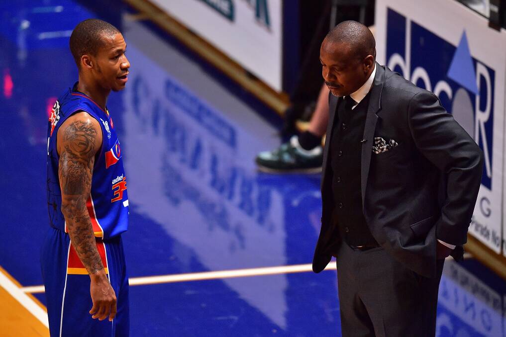 NBL MVP Jerome Randle (left) and Adelaide coach Joey Wright in discussion during the semi-final loss to Illawarra. 