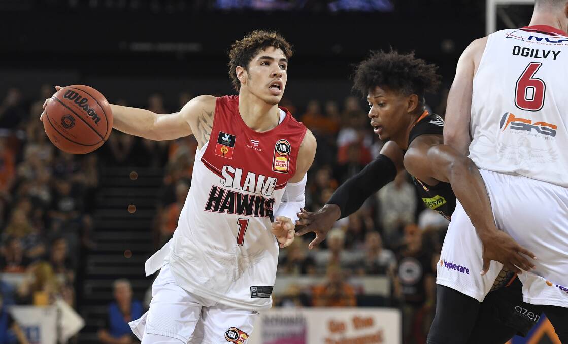Shine: Hawks guard LaMelo Ball in Cairns on Saturday night. Picture: Ian Hitchcock/Getty Images