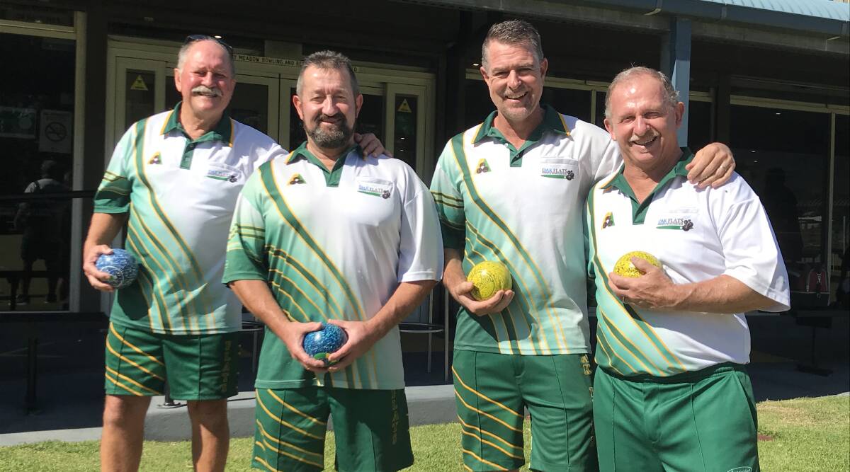 Exit: Paul Hart, Steve Sprod, Paul Rooke and Gregg Stevens played their last game for Oak Flats in the Zone Champion Fours. Picture: Mike Driscoll