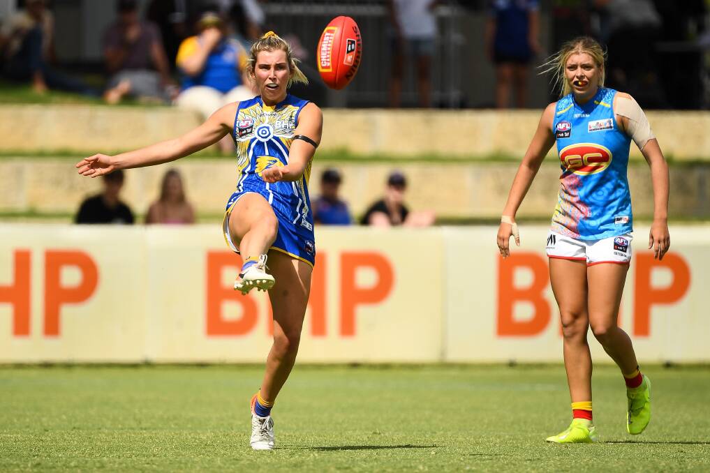 Kicking ahead: South Coast talent Maddy Collier puts the West Coast Eagles into attack during the AFL Women's season. Picture: Daniel Carson/AFL Photos via Getty Images
