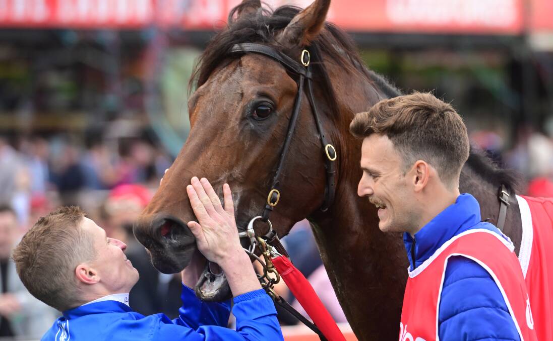 James McDonald celebrates with Anamoe after winning the Cox Plate. Picture by Vince Caligiuri/Getty Images
