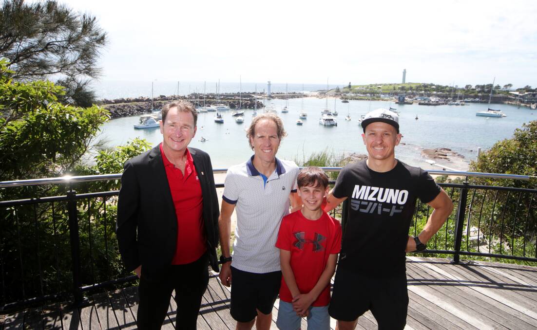 Look to the future: Sponsor MMJ's Michael Crogan with Aquathon director Rob Battocchio, Billy Anderson, 11, and Paralympian Jono Goerlach . Picture: Sylvia Liber