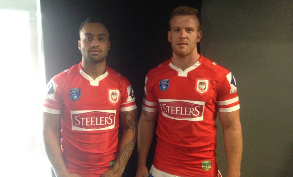 What's in a name: Levi Dodd and Jacob Hind show off the new Illawarra jersey with Steelers Club sponsorship.