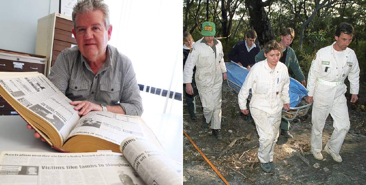 Les Smith flicks through old archived copies of newspapers which show his picture (on the right) of forensics carrying out one of the first bodies found in 1992. Picture: Emma Hillier 