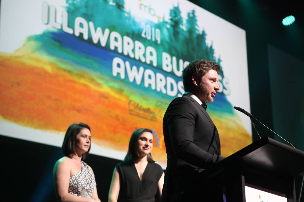 Winner: Symbio Wildlife Park general manager Matt Radnidge gives his acceptance speech at the Illawarra Business Awards. Picture: Adam McLean.