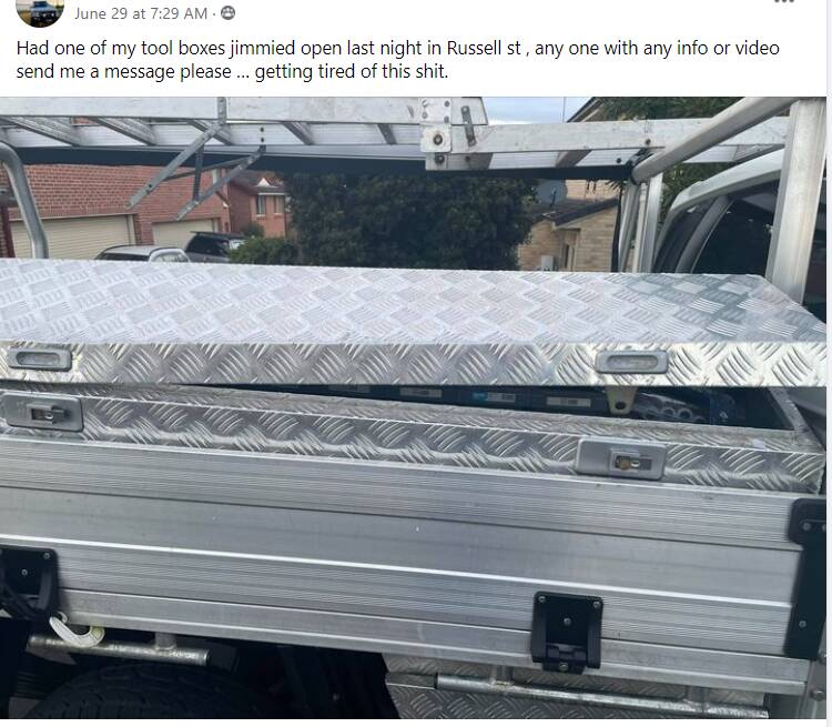 A local tradesman expresses frustration at having his ute broken into on Russell St, Woonona, in a post to social media. 
