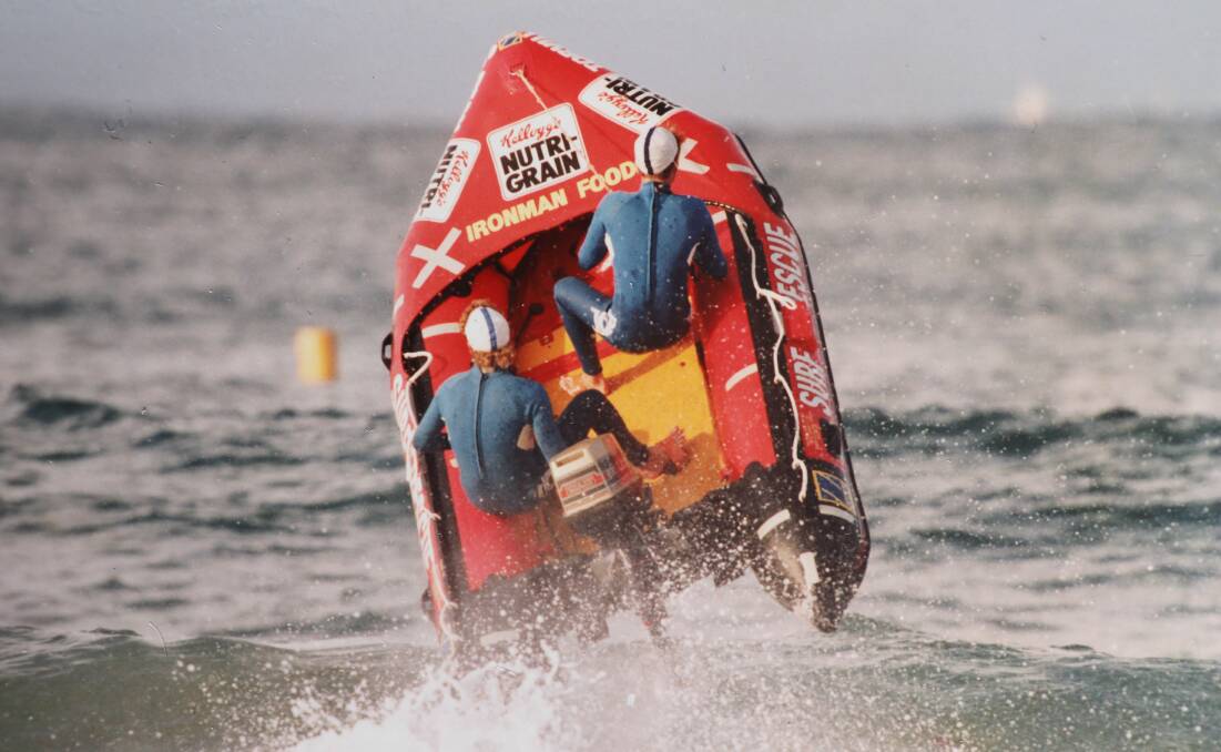 Turner, as crewman, and his driver and brother Andrew are shot into the air during an IRB carnival in Manly. Picture: supplied. 